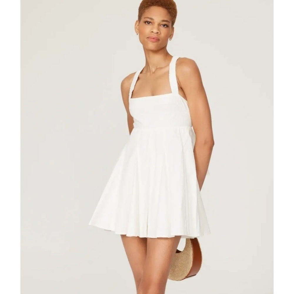 Louna Dress Womens Small White Mini Cross Back Tie Back Fit & Flare Pleated